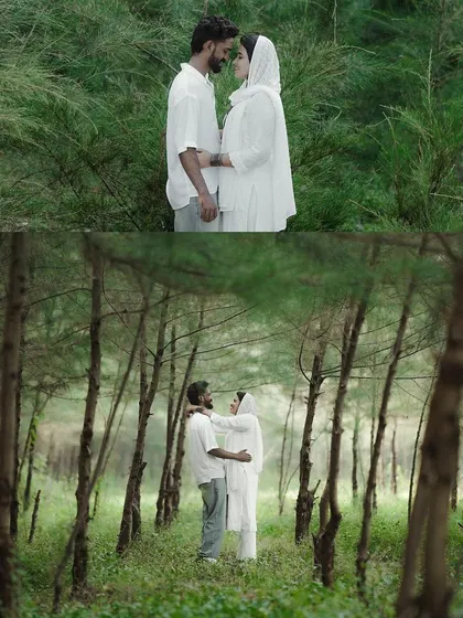 Lost in their own world. We found this beautiful, quiet spot with tall trees for a pre-wedding shoot, creating a sense of intimacy and escape.