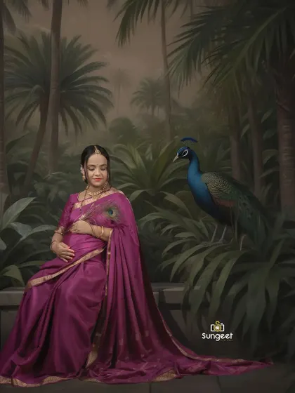 This artistic composition places the expecting mother in a painted jungle scene with a peacock, blending photography with fine art for a unique maternity portrait.