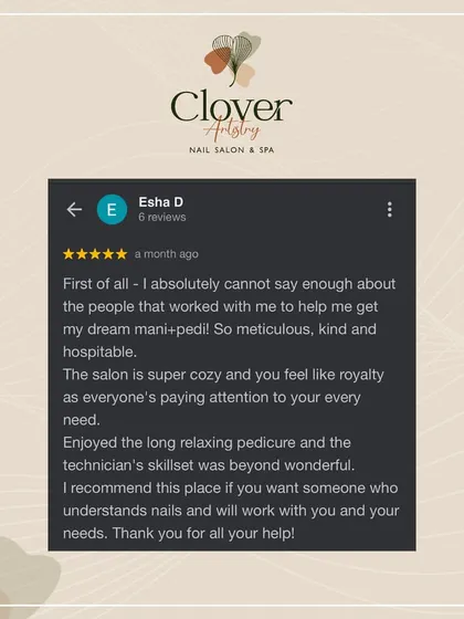 "The salon is super cozy and you feel like royalty." We believe every client deserves our full attention and care. We're so happy when our clients feel understood and leave with their dream nails.