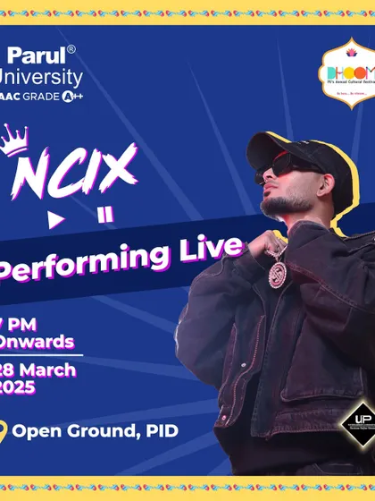 The official event poster for my live performance at Parul University. I am often a featured artist for major college festivals like 'Dhoom' in partnership with brands like 9XM.