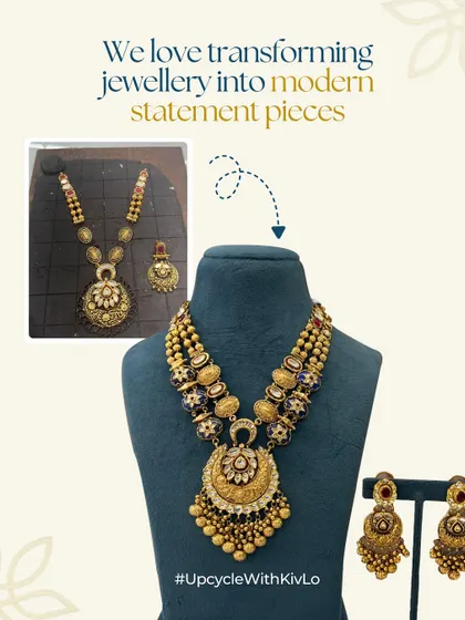 We love transforming jewelry into modern statement pieces. This before-and-after shows an old set with a dark pendant reworked into a vibrant, multi-layered necklace with blue enamel and kundan.