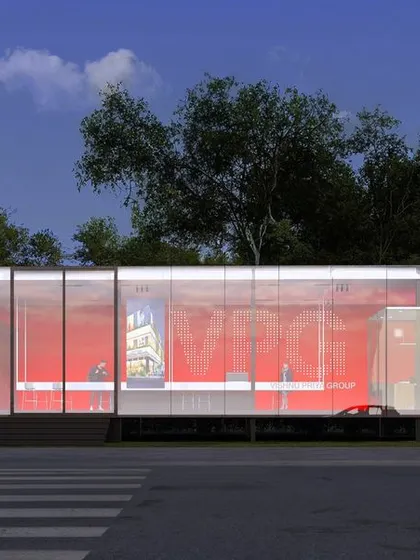 An Experience Center for a real estate client, designed as a glowing, translucent box. The facade is a screen that can display graphics and messages, making the building itself a form of communication.