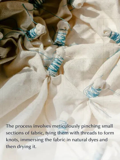 A close look at the Bandhani process. Small sections of fabric are meticulously pinched and tied with thread to form knots, which resist the dye and create the signature dotted patterns.