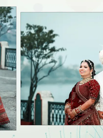 A collage from a wedding day, showing the couple's portrait and the bride in her beautiful red velvet lehenga. The misty lake in the background adds a serene touch.