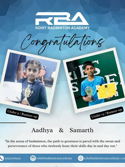 A graphic celebrating the success of our young shuttlers, Aadhya and Samarth, in their respective tournaments.