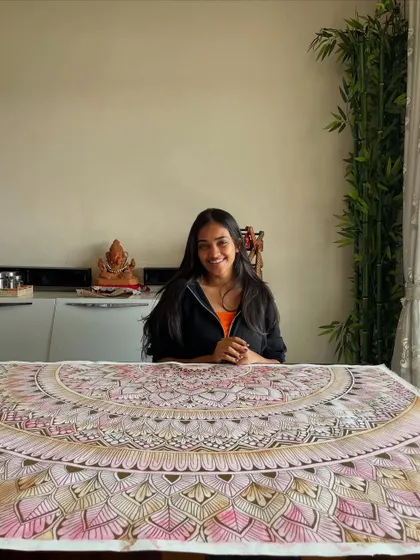 A happy moment with a finished pink and gold mandala, ready to be installed. The creative challenges from clients have helped me grow so much as an artist.