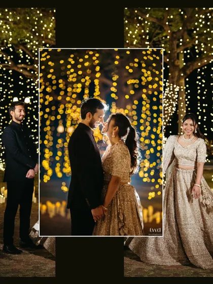 Under a canopy of a thousand fairy lights, the couple shares an intimate moment. This collage captures the magical ambiance of their reception and their radiant happiness.