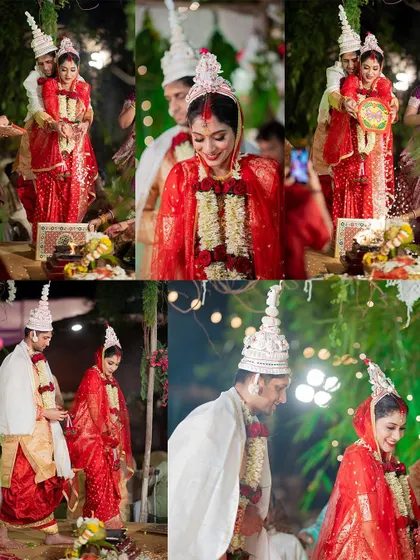 More moments from a Bengali wedding ceremony, capturing the couple's interactions and the unique traditions of the event.