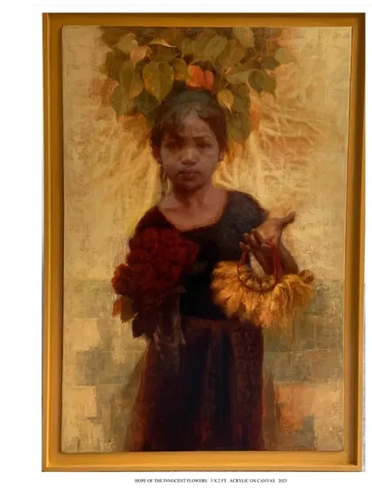 The full painting of "Hope of Innocent Flowers," presented with its title. This work explores my journey from observing social constructs to representing them through realism.