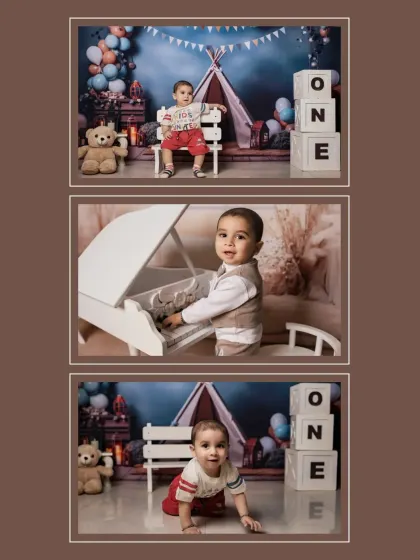 A collage showcasing the variety within a single first birthday session, from a playful teepee setup to a classic piano portrait.