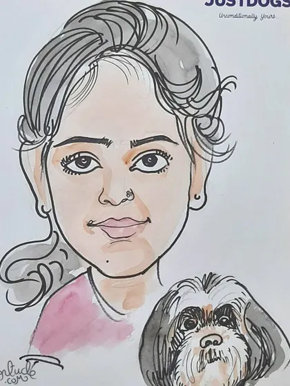 A cute caricature of a girl and her dog, drawn live at a pet-friendly event.