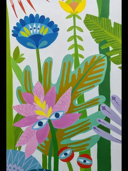 More details from the vibrant staircase mural, showcasing the mix of fantastical flowers and stylized leaves.