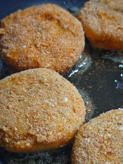 Crispy cutlets frying to golden perfection. These are a perfect snack and a popular item on my festive menus.