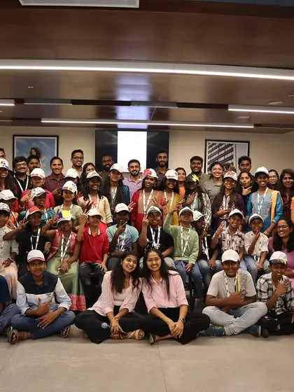 A group photo from the cap painting workshop with Hudson's Bay and the kids from Sneha Shraya Foundation. So many smiles and so much creativity.