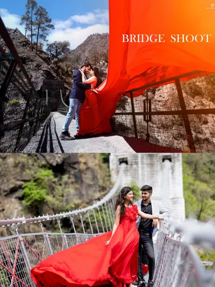 A collage showing different angles of a "Bridge Shoot," including a wide shot with a dramatic red fabric and a more casual walking shot.