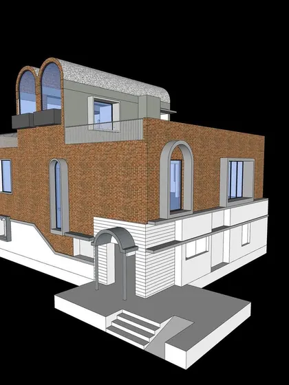 A 3D render of the Brick Vault House exterior. This visualization was a crucial step in defining the final look, including the exposed brick facade, arched windows, and the integration of the new floors with the original structure.