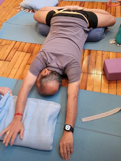 Additional images from my personal practice and teaching sessions, demonstrating a wide variety of asanas and the use of props. Each photo shows a moment of exploration in the journey of yoga.