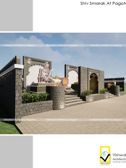 A wide-angle view of the proposed ShivSmarak. This render shows the layered design with steps, platforms, and bastion-like walls, creating a dynamic and immersive public space.