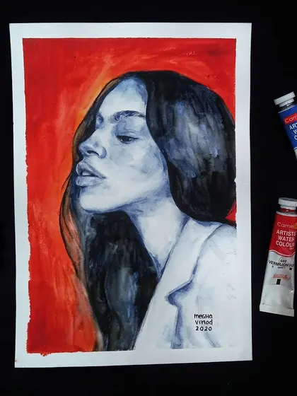 This watercolor painting features a woman in profile, using a limited palette of blue and red to create a dramatic, high-contrast effect. This piece is now sold.