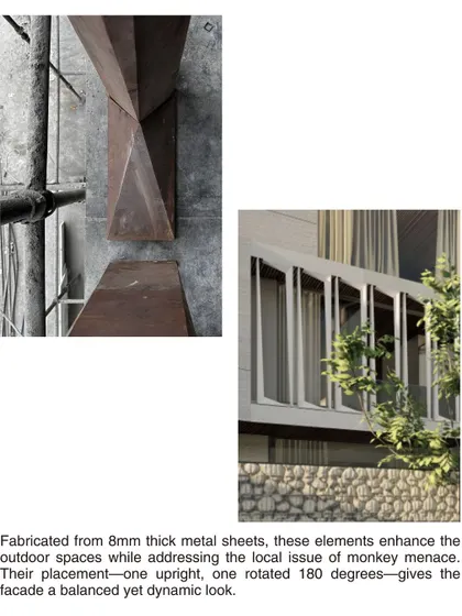 Fabricated from 8mm thick metal sheets, these screens are placed in a rhythmic pattern of upright and rotated elements. This arrangement gives the facade a balanced yet dynamic look while addressing the local issue of monkey menace.