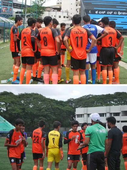 A team huddle and a coach's instruction during a U-17 game. Constant communication and strategic adjustments are key to our success on the field.
