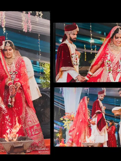 A collage showing the couple participating in the Phera ceremony, circling the sacred fire together as they make their lifelong promises.