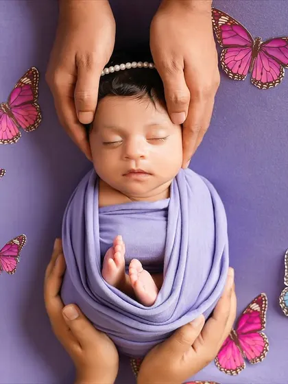 Parents' hands cradle their newborn's head, creating a frame of love and safety around their sleeping baby.