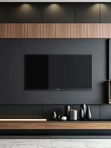 A bold and modern TV wall in matte black and natural wood. The asymmetrical design with open and closed storage is both functional and visually interesting.