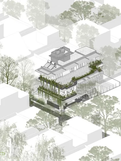 An isometric drawing showing the 'House of Greens' within its urban context, surrounded by neighboring properties and trees.