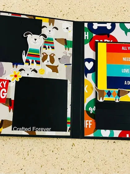 Another inside page from our dog-themed memory book. This layout includes a "Lucky Dog" tag and colorful patterns, making it a cheerful home for your pet's photos.