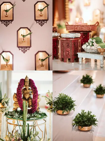 A collage of decor elements from the engagement, including the parrot wall, a Ganesha idol, and traditional silver and wooden stools. We weave these details together to create a cohesive and meaningful design.