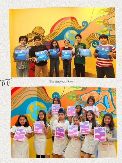 Collages of kids and adults proudly holding their finished paintings. My studio is a space where everyone can discover their inner artist.