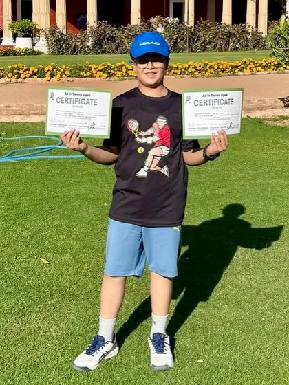 Viraaj Sharma proudly displaying his certificates for 3rd place and 'most promising player' at the Ad in Tennis open. A wonderful and motivating start for him at our Meerut Center.