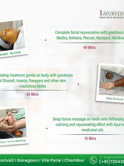 We offer comprehensive rejuvenation packages that combine multiple therapies for a holistic effect. This package includes an Ayurvedic facial, an exfoliating Ubtan scrub, and a calming foot reflexology session, designed to nourish the skin and relax the entire body.