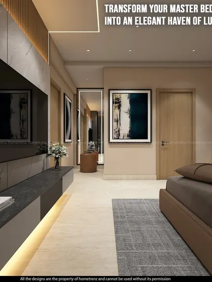 A long-shot view of a master bedroom, designed as an elegant haven. The TV unit is mounted on a marble-finish wall, and the neutral color palette creates a calm and luxurious atmosphere.