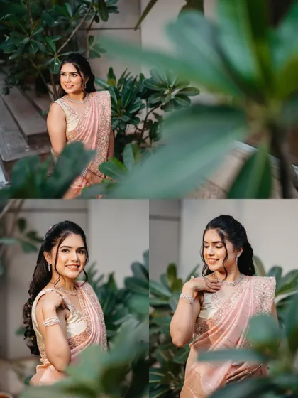 More stunning portraits of Rasika, showcasing her grace and the beautiful details of her engagement look amidst a natural, green backdrop.