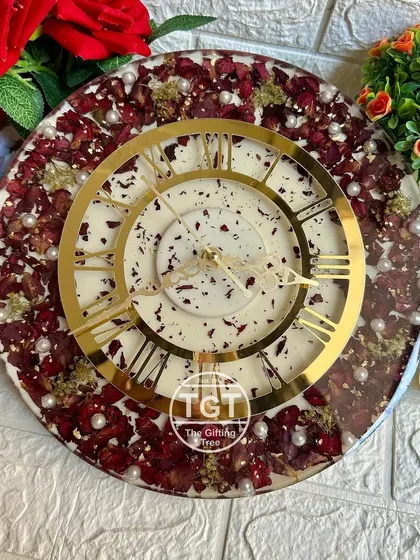 A full view of the finished 12-inch resin clock. The design is both a functional timepiece and a beautiful piece of wall art that preserves a special memory.