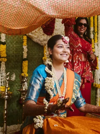 The bride's radiant smile during her Haldi ceremony. Creating a happy, stress-free environment for the bride is my top priority.