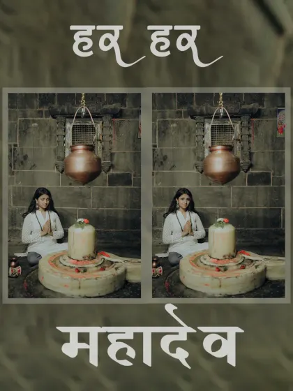A graphic composition with the sacred chant 'Har Har Mahadev', featuring a devotee in prayer before a Shiva Lingam.