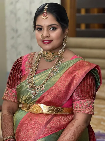A full view of the client shows her looking confident and beautiful. My course will teach you how to style clients for a complete and polished look that they will love.