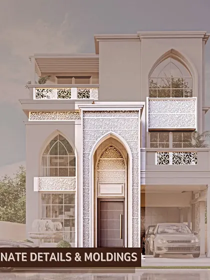 Ornate details and moldings are where the beauty of classical design truly lies. This Islamic-style home showcases intricate patterns and moldings that add a layer of rich detail to the facade.