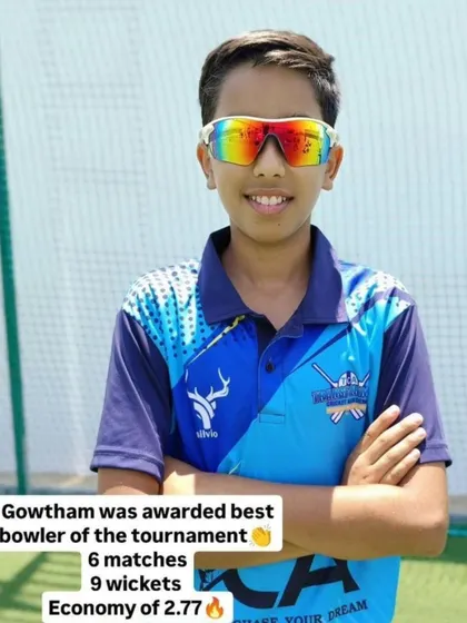 Goutham, recognized as the Best Bowler of the Tournament at the EV Cup for his exceptional economy and wicket-taking ability.