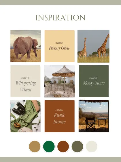 The inspiration and color palette for the safari sundowner. We chose earthy tones like 'Honey Glow', 'Mossy Stone', and 'Rustic Bronze' to create a warm, natural, and adventurous atmosphere.