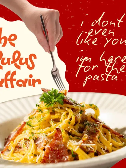 This is what we call the Lulu's Affair. Our pasta dishes, like this rich and savory carbonara, are made to be indulgent, memorable, and the talk of the party.