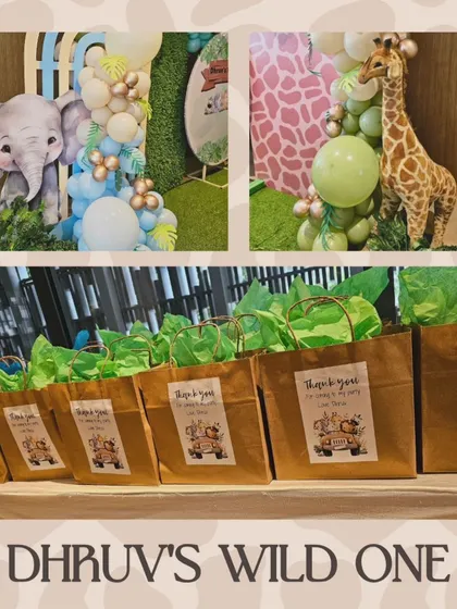 Details from the 'Wild One' birthday, showing the pastel safari animal decor and custom 'Thank You' bags for guests. This event was planned and executed in under 24 hours.