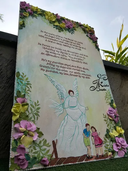 A unique custom piece: a poem board featuring a guardian angel and children, framed by sculpted yellow and pink roses.