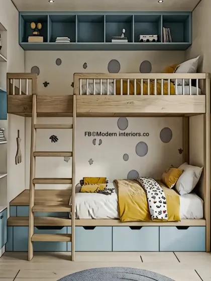 A classic bunk bed design with a touch of color. The under-bed drawers and overhead shelves provide plenty of storage for a tidy room.
