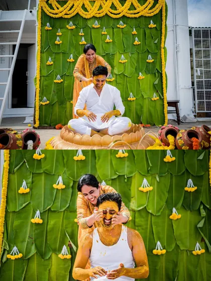 The groom's family applying turmeric paste during a lively Haldi ceremony. The backdrop of banana leaves adds a traditional and eco-friendly touch to the decor.