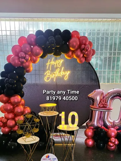 A different angle of the red and black 10th birthday setup.
