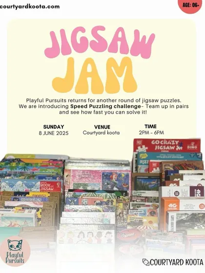 Poster for a Jigsaw Jam, highlighting the "Speed Puzzling Challenge" for those who love a friendly competition.
